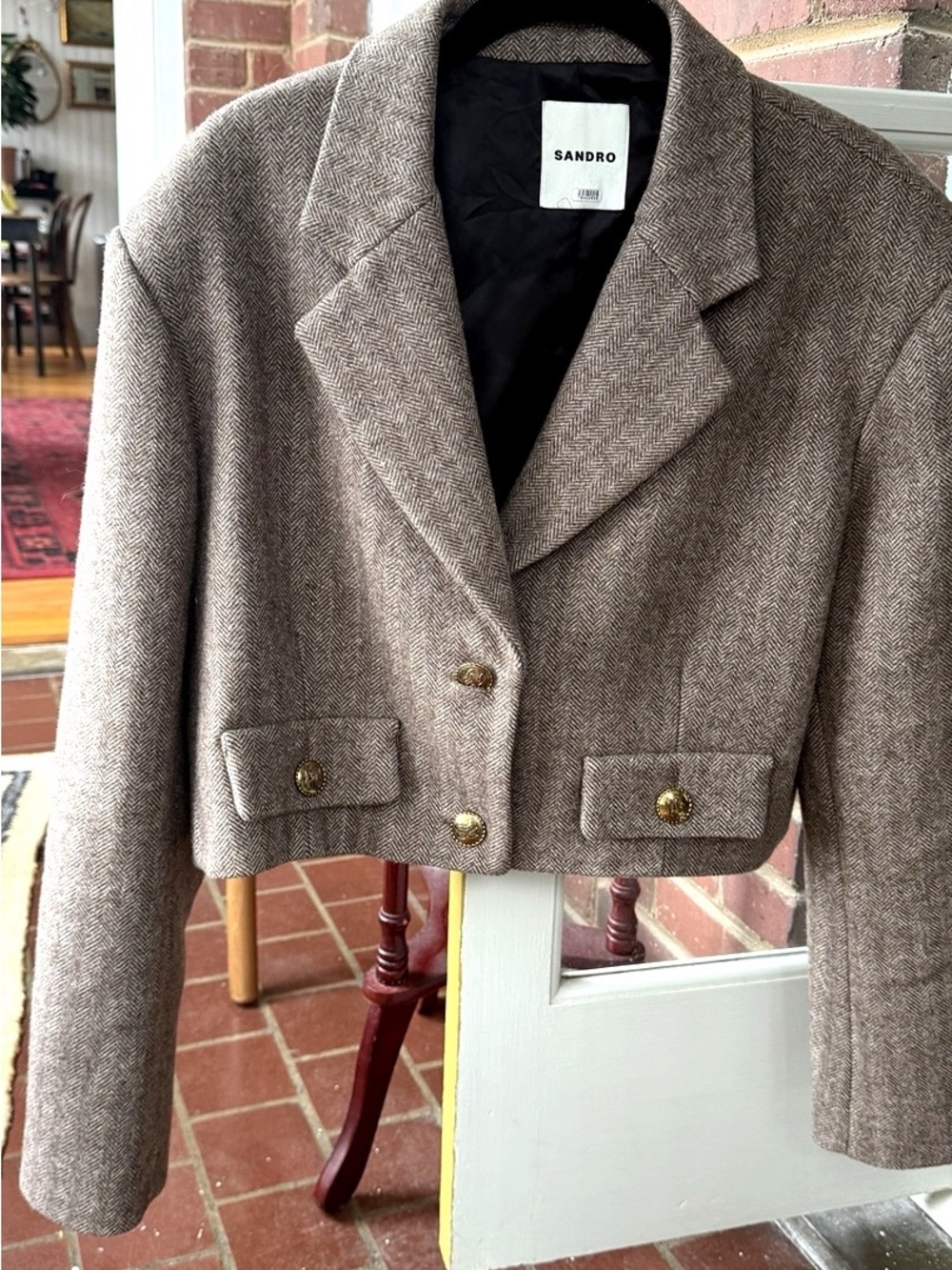 Sandro Lonny Cropped Herringbone Blazer Brown Wool Gold Buttons FR 42 - Picture 6 of 6